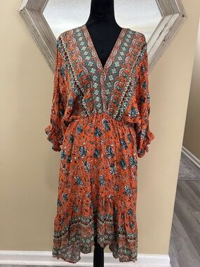 Umgee Orange Floral Paisley Midi Dress